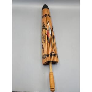 Vintage Japanese Paper Umbrella Parasol Rice Paper Oil Bamboo Painted Swans 26"